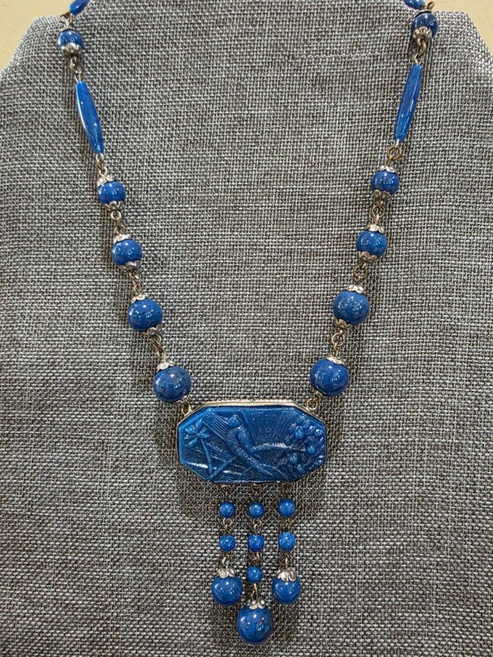 Vintage ART DECO Czech Blue Lapis Exotic Glass Bird Pendant Necklace 14" Bohemia - Picture 2 of 13